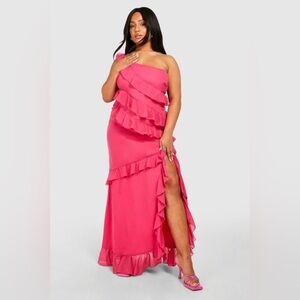 NWT Boohoo Vibrant Pink One-Shoulder Ruffle Dress